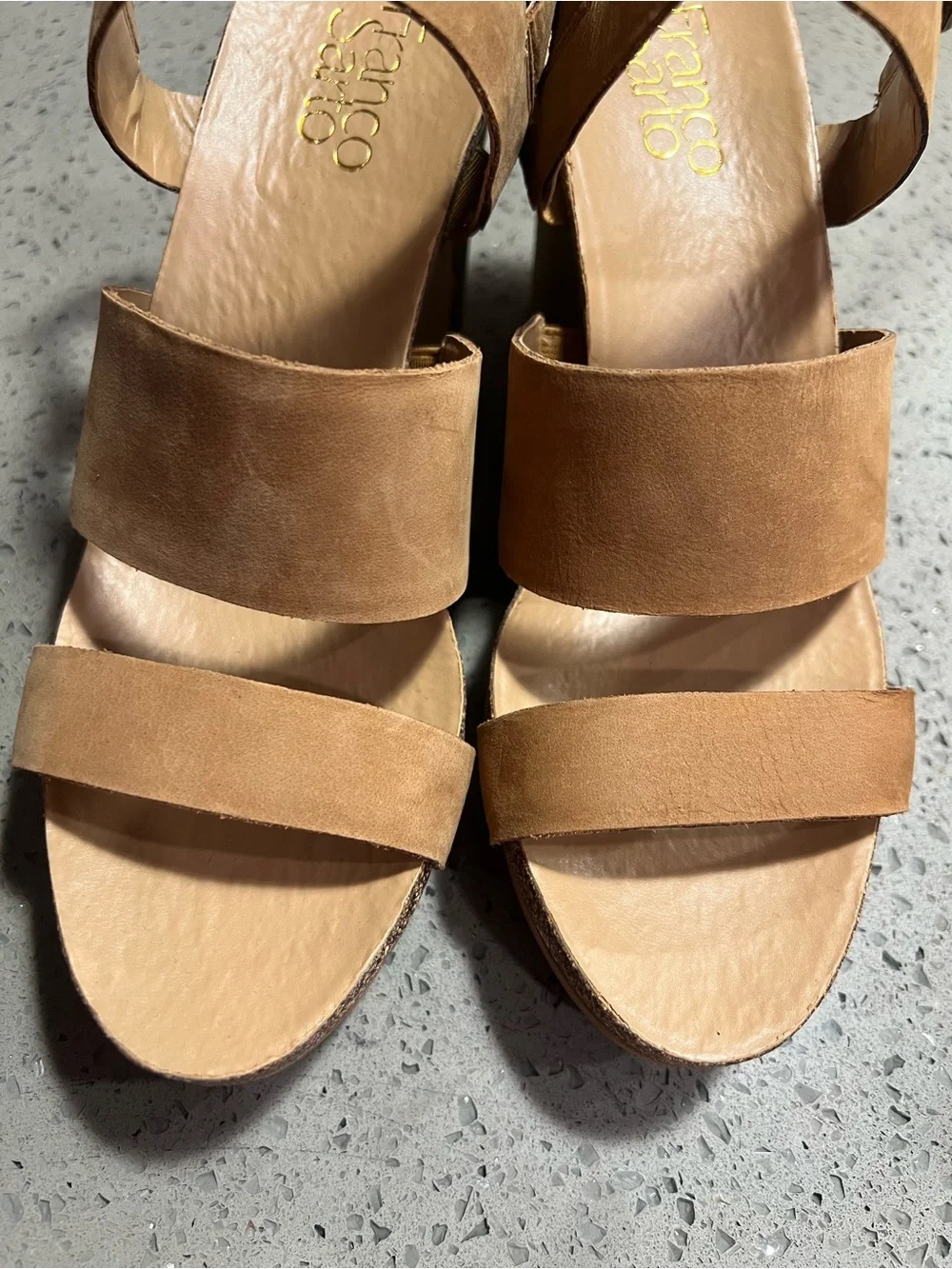 Franco Sarto Chestnut Tan Triple-Strap Wedge Sandals 8.5 - Picture 5 of 6